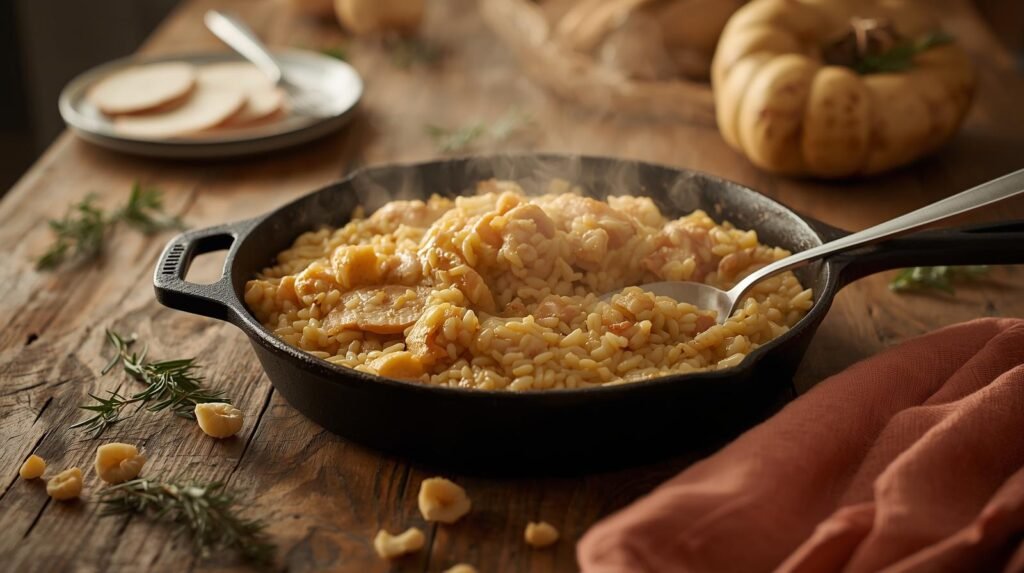 Easy Creamy Turkey Rice Skillet – Comfort in One Pan Creamy turkey rice skillet in a rustic pan with a wooden spoon, comfort food dinner.