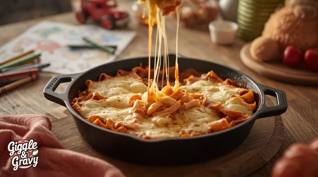 cheesy skillet lasagna bubbling with melted cheese in a pan