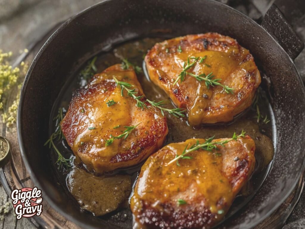 easy crispy honey mustard pork chops in a skillet