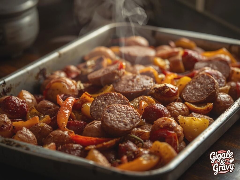 One-pan sausage and potato bake with roasted potatoes and vegetables