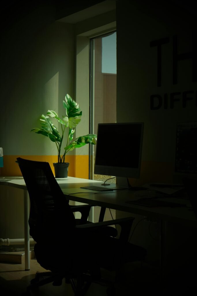 A minimalist office space featuring a desk, computer monitor, and green potted plant by a window.